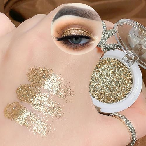 Champagne Golden Glitter Powder Single Eye Shadows Make up, Metallic Glitter Pressed Powder Eyeshadow, Highly Pigmented Long Wearing Waterproof Gold Eyeshadow for Christmas Music Festivals Party