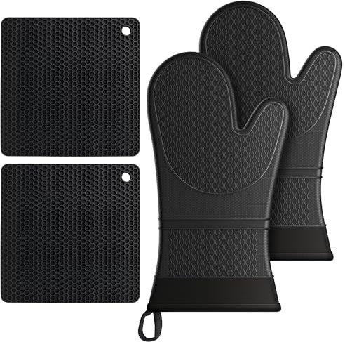 Lazebox Guantes de horno de silicona extralargos con soportes para ollas con forro de algodón suave, agarre texturizado antideslizante, guantes de horno resistentes al calor y antideslizantes con