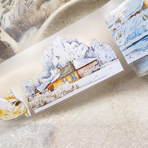 RICHTAPES DingDing Vol8-27 Winter,Cute Cat&Fox and Snow Scene,Pre-cut Matte PET Tape Stickers,2.36 IN x 10.94 YD,Original Design,for Scrapbook Supplies,Scrapbook Tape Stickers,Junk Journal Supplies