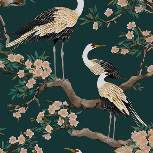 Dark Green Peel and Stick Wallpaper, Crane Bird Floral Contact Paper 17.5 x 393.7in, Boho Vinyl Wall Paper Mural Removable Self-Adhesive Waterproof for Bedroom Cabinet Shelf Drawer Renter Friendly