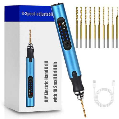 Vankarr - Perceuse électrique à 3 vitesses - Rechargeable - Avec 10 forets - Pour modélisme, bois, résine, fabrication de bijoux - Carte de circuit imprimé en plastique - Bleu
