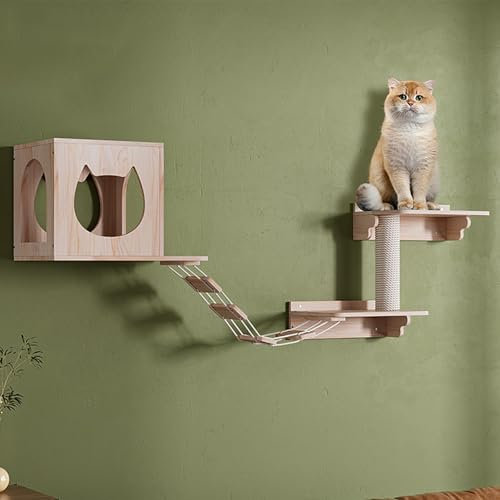 Kletterwand Katze, Kletterwand für Katzen, Katze Wandelement, 5 Stück Wandmontierte Katzenmöbel, Katzenhaus, Sprungplattform, Katzenkratzbaum, Weiche Leiter, Holzfarbe, Geeignet für Wohnzimmer, Balkon