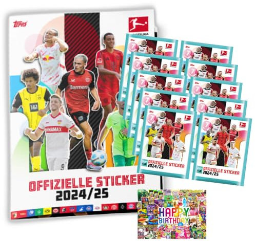 Bundle mit Topps Bundesliga Sticker 2025 - Fußball Sammelsticker - AUSWAHL + Exklusive Geburtstagskarte (1Album + 10 Tüten)