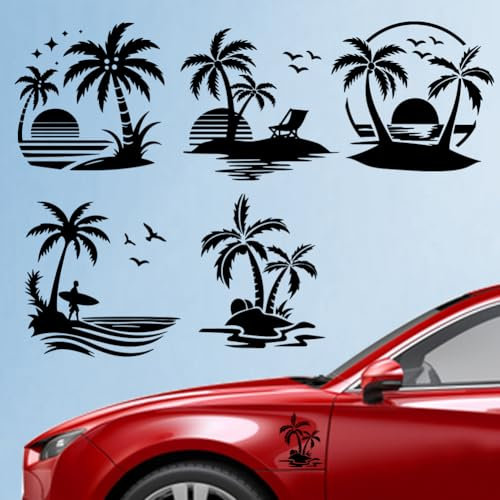 Hobbspring 5Pcs Coconut Tree Car Sticker 14.8x15.5cm Beach Scene Vinyl Car Decals Ocean Sunset Plastic Vehicle Decoration Decal for Auto Window and Body Cling