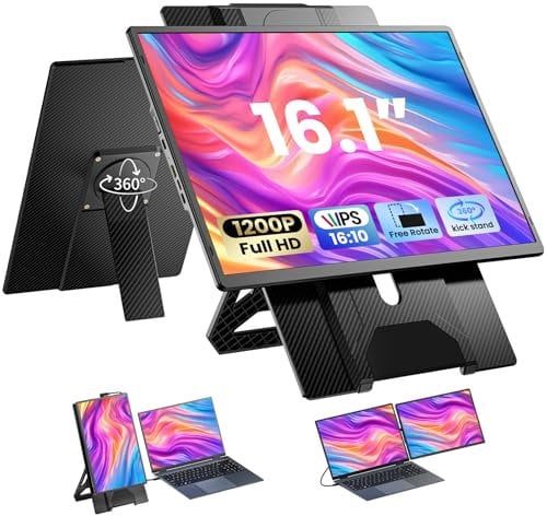 Laptop Screen Extender 16.1, 1200P FHD, Portable Monitor 360° Rotating Detachable Stand, Height Adjustable Monitor Extender for Laptop 13-17.5, Plug-Play for Tablet, PC, Phone, etc