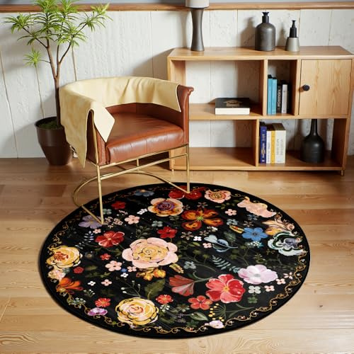 Nyescasa Runder Teppich Blumen Boho Waschbar rutschfest Vintage Floral Kurzflor Teppich Wohnzimmer Weich Modern für Schlafzimmer Esszimmer Küche Flur Innen Rund 160cm Schwarz