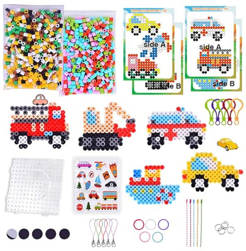 Shinybox 10mm Bügelperlen Set, 1000 Stück XL Bügelperlen 12 Farben mit Steckplatte, 5 Bügelpapier, 10 Muster und Zubehör, Kreatives Perlenset Basteln Geschenk für Kinder ab 3 Jahren(Fahrzeug)