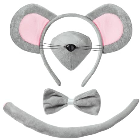 LIYROIUB 4 Pieces Mouse Costume Set Mouse Ears Headband Tail Nose Bow Tie Animal Dress Halloween Costume Cosplay Party Accessories for Kids and Adults