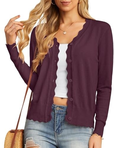 GRECERELLE Cardigan en tricot pour femme avec boutons et col en V - Cardigan léger et estival - Élégant avec dentelle, Rouge violet., XL