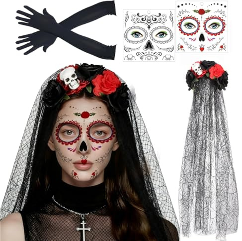Thryviel Karneval Kostüm Damen Dia De Los Muertos Haarreif – Dein komplettes 4-teiliges Dia De Los Muertos Kostüm Set mit 80cm Schleier, Tattoos & Handschuhen