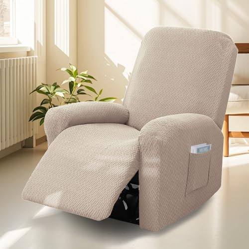 Bocguy Stretch Recliner Chair Cover, 4-Piece Recliner Sofa Cover | Recliner Armchair Cover for Living Room Reclining Chair Slipcover with Side Pocket, High Spandex Slipcover, Slip Resistant