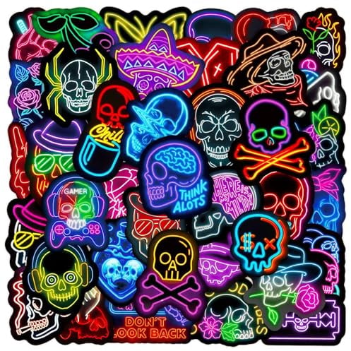 Neon Kahlköpfig Aufkleber für Jugendliche Erwachsene 50 Stück Skull Vinyl Sticker Set Auto Motorräder Fahrrad Skateboard Snowboard Gepäck Laptop Koffer Helm Motorrad Computer