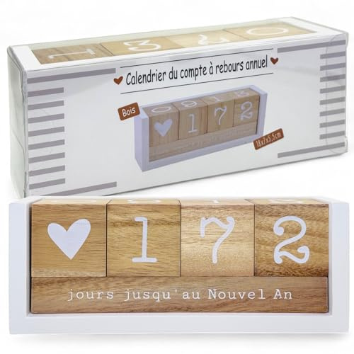 MIJOMA Calendrier de compte à rebours annuel en bois - Calendrier de table permanent avec cubes décoratifs - Jusqu'à 432 jours pour des occasions spéciales (blanc/naturel - édition française, environ
