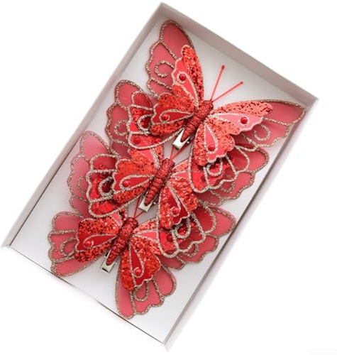 Kunststoff 3D Glitzer Schmetterling Ornamente 3er oder 6er Set für Christbaumschmuck mit leichtem und lebendigem Glanz (Rot)