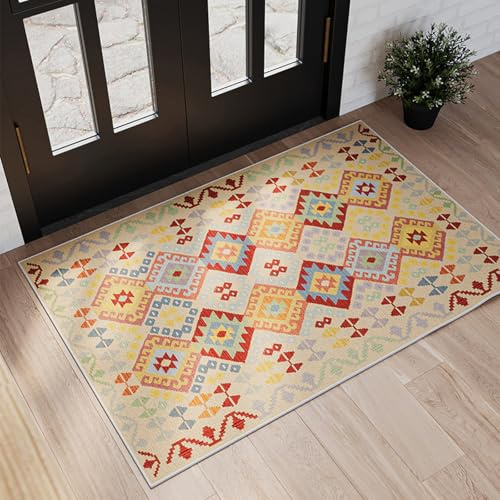 Rawbmop Fußmatte Außen Gelb Braune Geometrie Schmutzfangmatte rutschfest Fussmatte Aussen, Pflegeleichte und Wetterfest, Wasserdicht Türmatte für den Eingangsbereich, Haustür 50x80cm