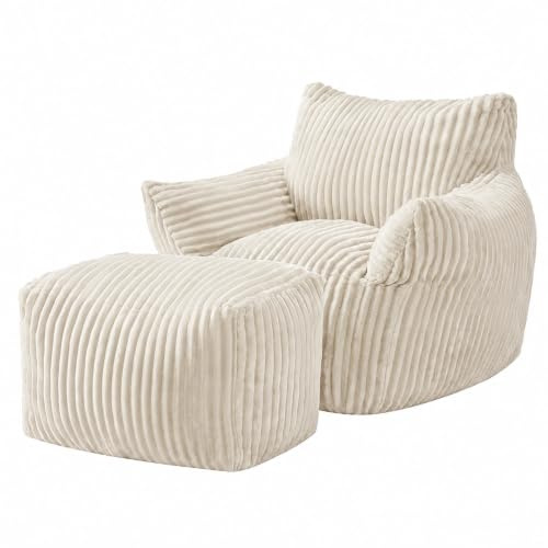 JULY'S SONGSitzsack Sessel mit Hocker，XXL Bean Bag Sofa，für Erwachsene oder Kinder，Equemer Sessel Lounge, Wohnzimmer, Schlafzimmer, Büro, Cremeweiß