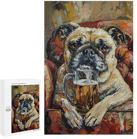 1000 PCS Puzzles for Adults Chill Pug with Beer Mug Jigsaw Puzzles for Adults Improve Memory Help The Brain Exercise Gifts for Friends And Family 1000 PCS