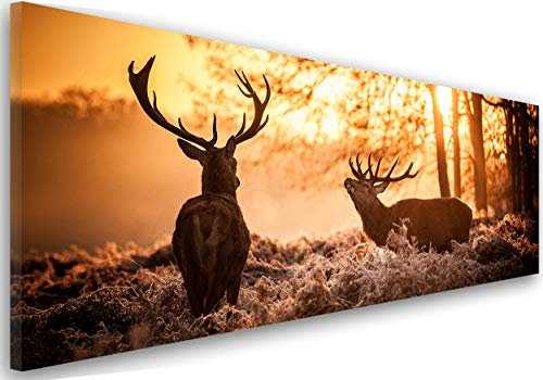 Feeby Bilder Design Hirsche Wald 150x60 cm Wohnzimmer Schlafzimmer Büro Flur Küche Wandbilder Modern Bild auf Leinwand Wanddekoration Kunstdruck Bäume Sonnenuntergang Natur Braun