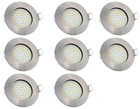 vislux LED Einbaustrahler 230V - 58mm - 70mm - Edelstahlgebürstete Einbauspots Badezimmer- Energiesparende warmweiße Einbauleuchten - 3,5W 330lm 3000K - (8er Set) - (Matt-Chrom)
