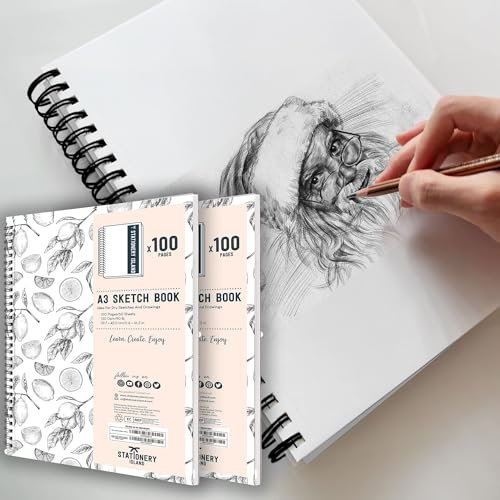 Stationery Island Skizzenbuch A3 – 2er Pack, Hochformat A4 Zeichenblock mit Spiralbindung Artist Series mit 100 Seiten und 130 g/m² Papier – zum Zeichnen, Skizzieren, Scrapbooking und zeichenbuch