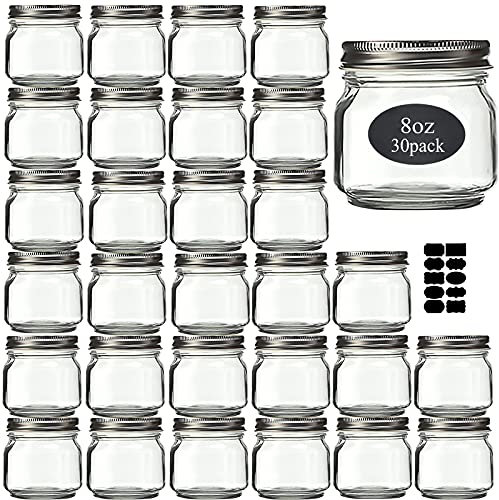 Rainforce Mason Jars 8 oz 30 Pack- Small Mason Jars With Silver Lids -1/4 Quart Canning Jars| Storage Pickling Jars For Jelly, Jam, Honey, Pickles - Spice Glass Jars - With 30 Chalkboard Labels