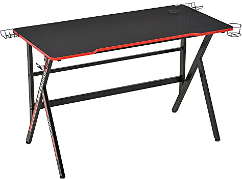 HOMCOM Bureau Gaming Racing Bureau Gamer Bureau Informatique Bracket Supports Casque Enceintes Porte-gobelet métal Plateau MDF Texture Carbone Rouge Noir