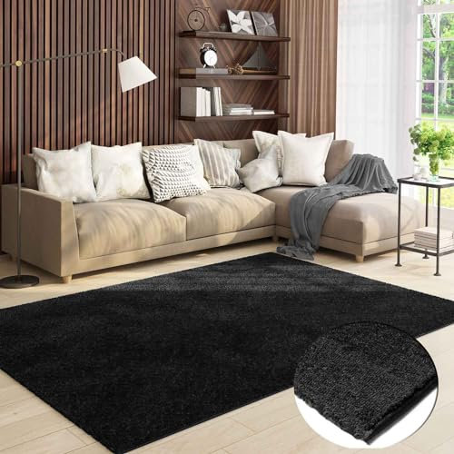 VIMODA Teppich Wohnzimmer Kurzflor Einfarbig für Schlafzimmer kinderzimmer weicher pflegeleichter, versch.- Größen, Farben, Farbe:Schwarz, Size:160x220 cm