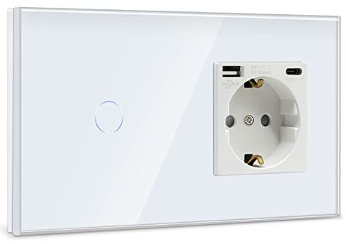 BSEED Touch Lichtschalter mit USB Steckdose Anschluss (Max. 2.1A) Typ C Port 1 Fach 1 Weg Wandschalter mit USB Steckdose Unterputz Lichtschalter mit Glasrahmen Weiß (Nicht Smart Schalter)
