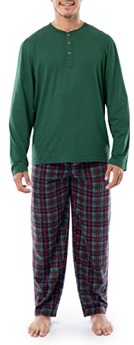 IZOD Men's Jersey Henley Top and Micro Fleece Pant Sleep Set, Green/Plaid, XX-Large