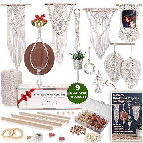 MIGO Creates Macrame Kit for Adults: DIY Macrame Wall Hanging & Hat Hanger Kit with 220 Yards Cord, 58 Pieces Supplies, E-Book for 3 Projects & Knots