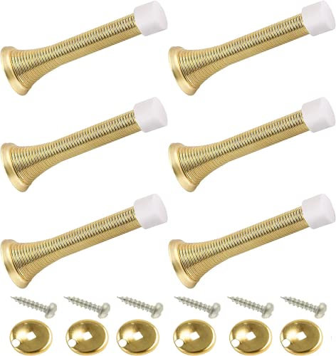 6 Pack 85mm Spring Door Stop Metal Door Stoppers with Screws and Base Plate (Brass) - Avos-Deals-Global