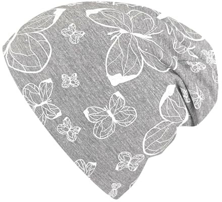 Wollhuhn ÖKO Jungen/Mädchen Bequeme Weiche Long Beanie/Mütze/Beanie-Mütze/Strickmütze/Kindermütze Jersey Gefüttert Übergangszeiten (Öko-Stoffe/Bio) 20220620 (Schmetterlinge Grau/Weiß, S)