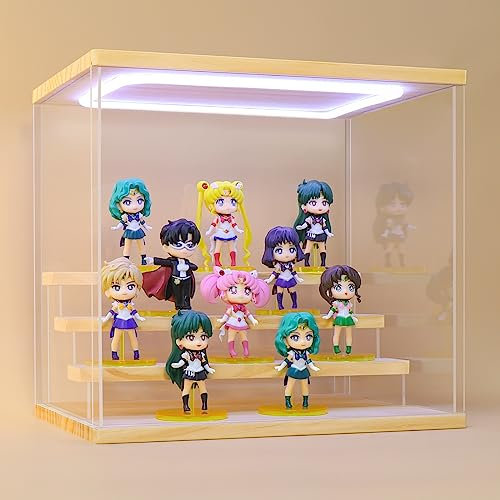 Naconmlet Acryl Vitrine/Schaukasten/Display Case/mit LED/4 Stufen Transparent Display Box für Lego Modellautos, Figuren, Sammlerstücke(Holz, 4 Stufen 32.2x24x30cm)