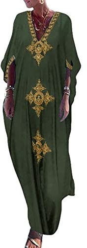 Bsubseach Gold Stickerei Lange Kaftan Kleider V Hals Kaftan Kleid Strand Cover Ups für Frauen Armee Grün