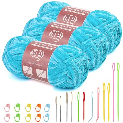 3 x 100 g (3 x 80 m) Chenille Garn, Samt Garn zum Stricken und Häkeln mit Nadeln mit großem Öhr, weiches Chenille für Kleidung, Decken, Taschen, Pullover, DIY-Strickprojekte (Blau)