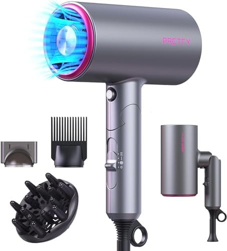 Pretfy Föhn Ionen Haartrockner,2000W Profi Fön Klappbar Haarföhn,Reise Föhn mit 3 Hitze-Einstellungen,Kaltlufttaste,mit Diffusor,Bürste, Spitze (Grau)