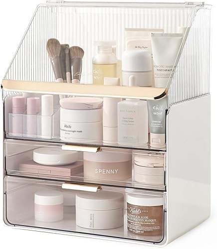 Kousee Makeup Organiser Storage, X-Large Acrylic Skincare Organiser Drawers Beauty Holder Cosmetic Organizers for Bathroom, DressingTable Organiser Dustproof Waterproof