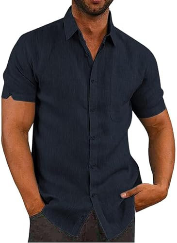 Friptspyg Mens Shirts Short Sleeve Linen Button Down Beach Causual Shirts for Men with Pocket, Navy Blue XL
