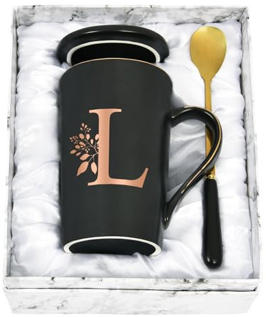 Joymaking Taza personalizada con letras taza de café con motivo de flores, nombre inicial regalos personales taza de café para mujeres novia, L - 400 ml negro