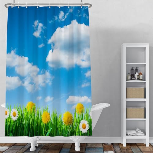 MIRRORANG Rideau de douche 90 x 183 cm, motif jardin printanier, champs, fleurs, bleu, ciel, blanc, nuages, marguerites, rideau de douche pour salle de bain en tissu polyester imperméable avec
