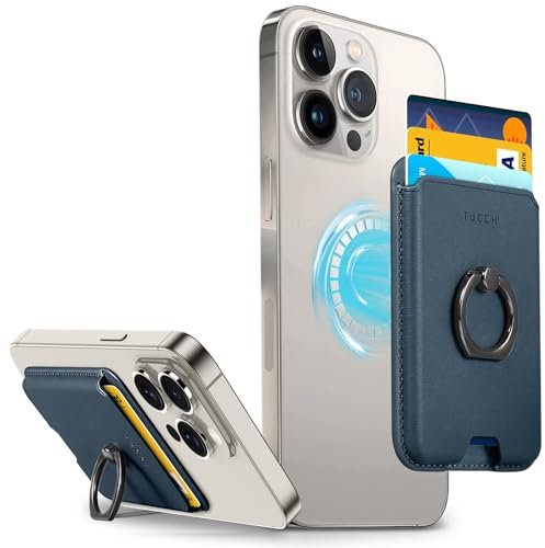 TUCCH Magnetisches Wallet für iPhone 16/15/14/13/12 Serien, [360 Grad Verstellbarer Handy Ring Halterung] [RFID-Blocker], Dünner PU Leder Kartenhalter Geldbörse Kartenetui mit Fingerhalter, Dunkelblau