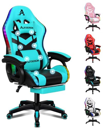 ALFORDSON Silla Gaming, Silla Gamer Racing con Iluminación LED RGB, Sillón Masajeador para Computadora con Reposapiés, Silla Giratoria Ergonómica con Respaldo Operado por Palanca, Cian