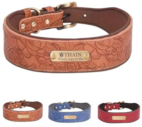 THAIN Personalised Dog Collar with Name Plate Soft Padded Wide Leather Dog Collar Adjustable Custom with Heavy Duty Metal Buckle for Medium Large Dogs (Brown, L)