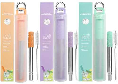 Bryzaxu Pajitas reutilizables, paquete de 3 pajitas de metal, reutilizables, portátiles, plegables, de acero inoxidable, pajitas de viaje con funda, cepillos de limpieza, puntas de silicona, llavero