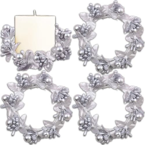 Brihasory Weiße Weihnachtskerzenringe, handgefertigt, silberfarbene Beeren, Mini-Kerzenringe, Kränze, Weihnachtskranz für Neujahr, Abendessen, Party, Kerzenhalter für Tischdekoration, 4 Stück