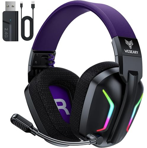 WESEARY WG1 Cascos Gaming Inalambricos, Auriculares Gaming Inalambricos para PS5, PS4, PC, Switch, Sonido Estéreo Auriculares Gaming con Microfono, Cascos con Luz LED, Duración 50Hr+