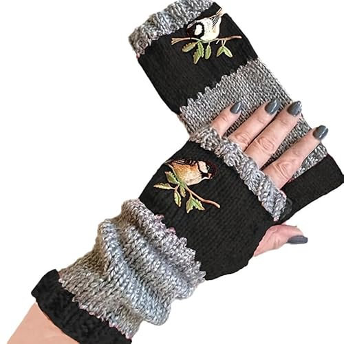 Armstulpen Damen Winter Handschuhe mit Vogelstickerei Fingerlos Strick Pulswärmer Handstulpen Fäustlinge Lange Handschuhe (Schwarz, EINGRÖSSE)