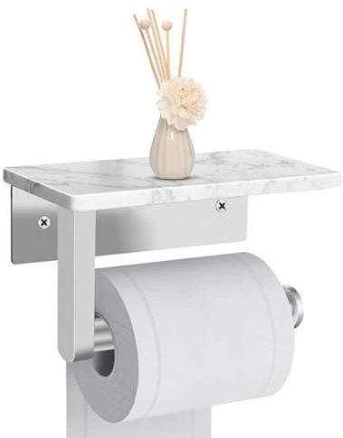 Zjyufy White Toilet Roll Holder Wall-Mounted, Toilet Roll HolderStainless Steel Toilet Paper Holder with Marble Shelf, Bathroom Accessory, Quite Light, Easy to Fit