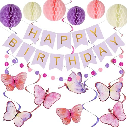 WakiHong Striscione di Buon Compleanno Viola-rosa Striscione “Happy Birthday” Addobbi Compleanno con Palla a Nido D'ape,Farfalle da Appendere a Spirale,per Feste di Compleanno per Donne e Ragazze