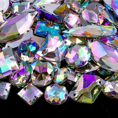 Blinginbox 300pcs Acrylic Sew on Rhinestone Flatback Sewing Crystals Gems with 2 Holes, Mix Shapes & Sizes Multicolor Jewelry Gemstones for Clothes DIY Crafts Dress Shoes Bags Decorations Crystal AB